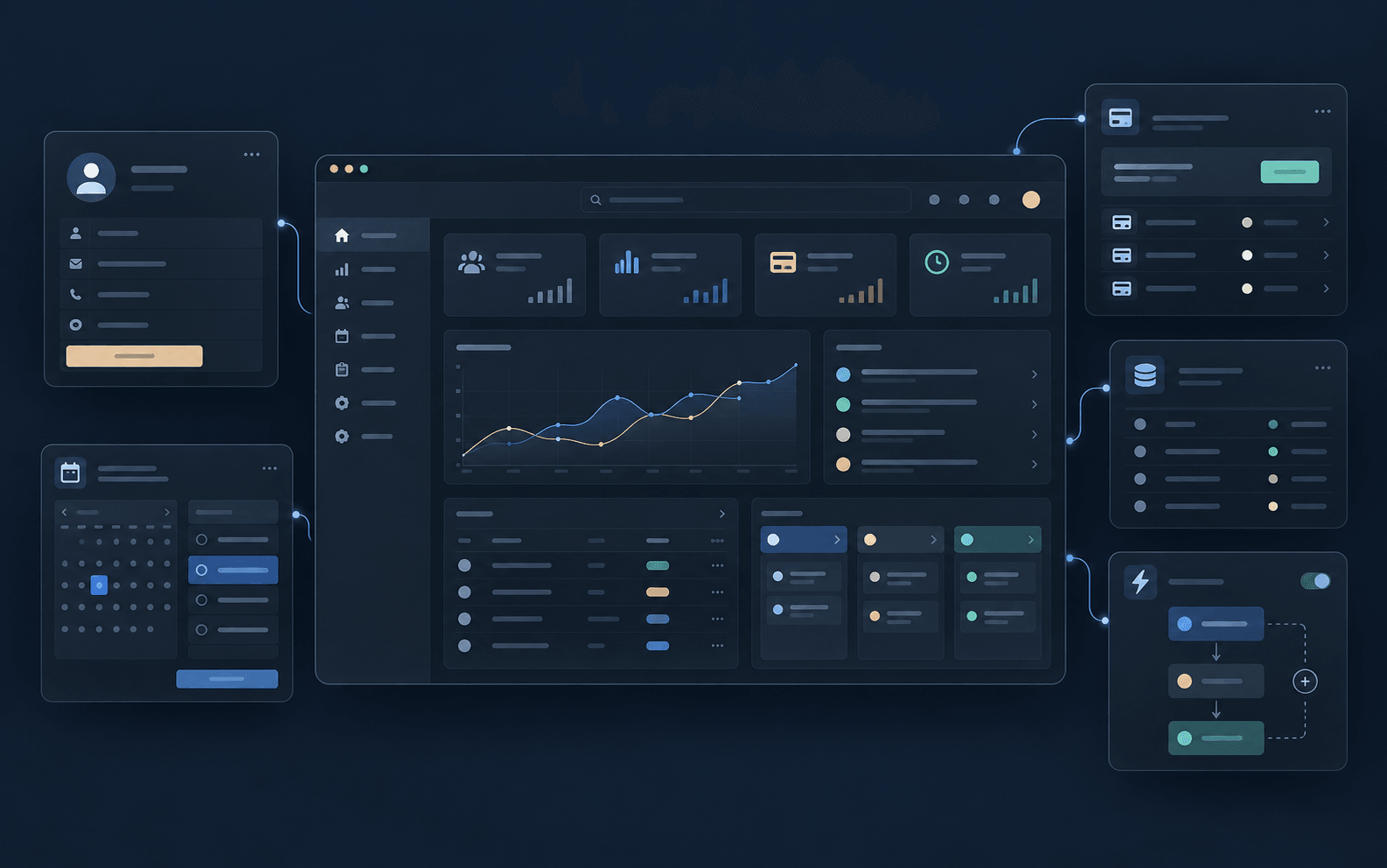 Illustrative dark custom-system interface with a central portal and connected modules.