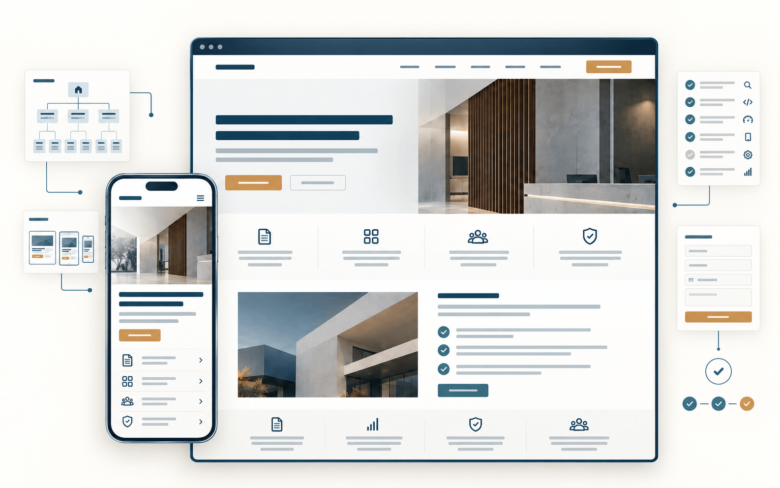 Illustrative professional website on desktop and mobile, with planning and enquiry modules around it.