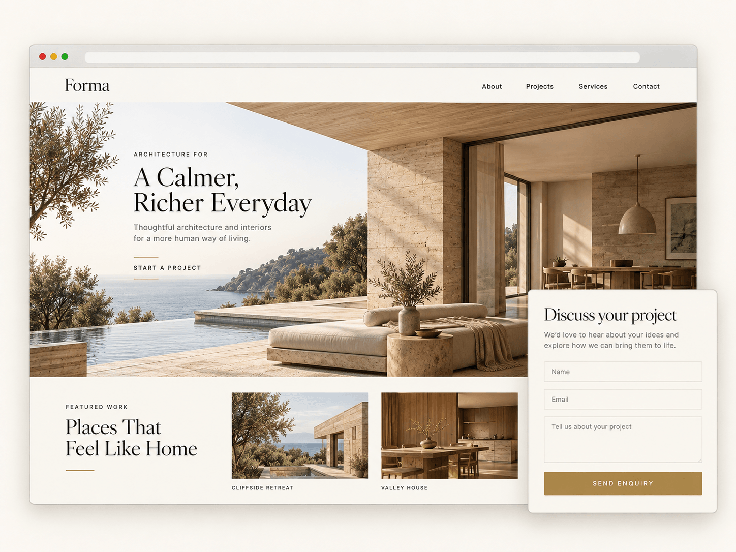 Illustrative website concept for a conversion-focused homepage with a project enquiry form.