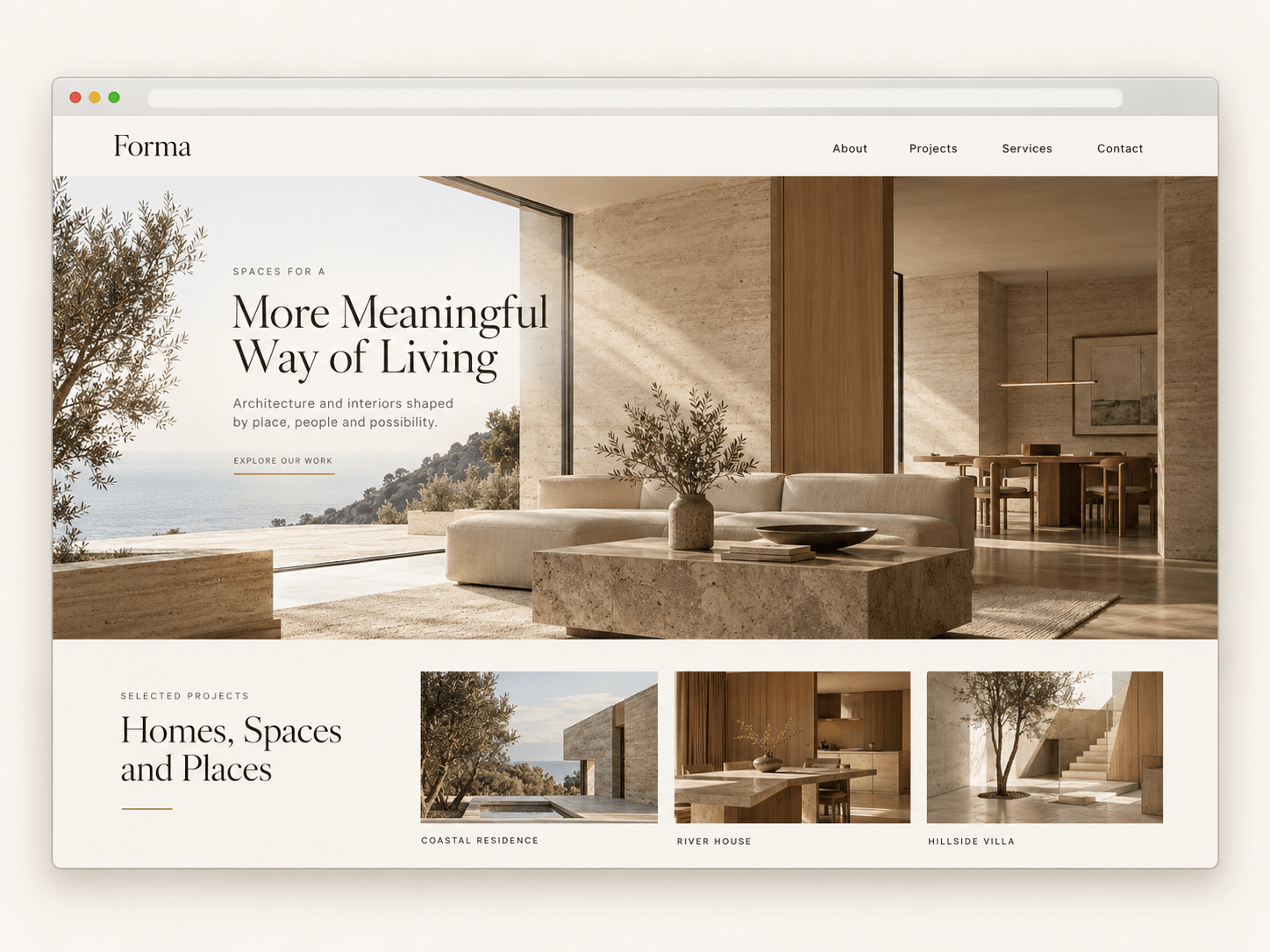 Illustrative website concept for a presence-focused homepage with selected project thumbnails.