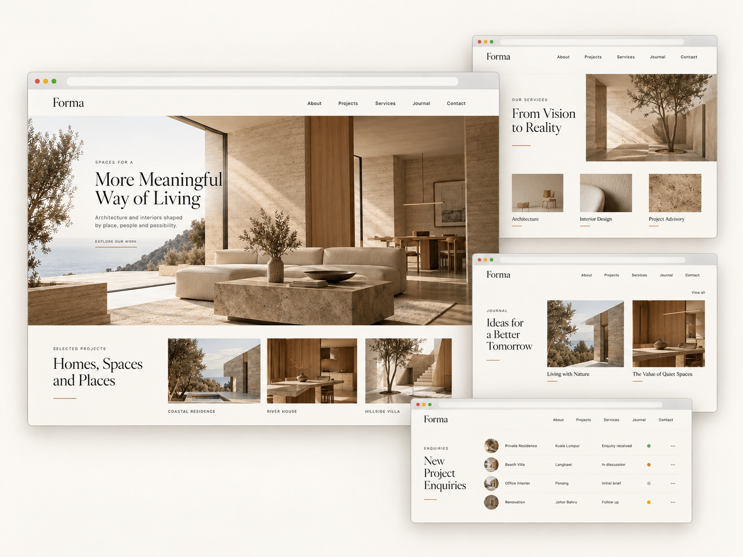 Illustrative website concept for a strategic website with services, journal and enquiry workflow screens.