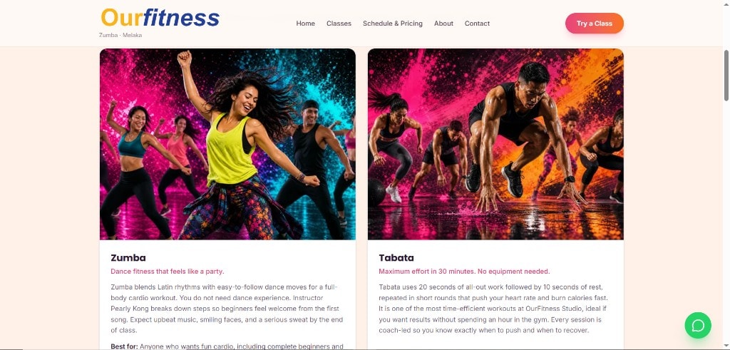 Class section on the Our Fitness Studio website.