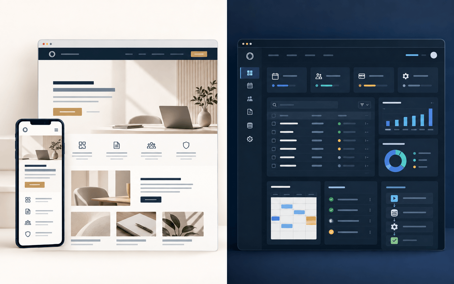 Illustrative split showing a professional website on the left and a custom application dashboard on the right.